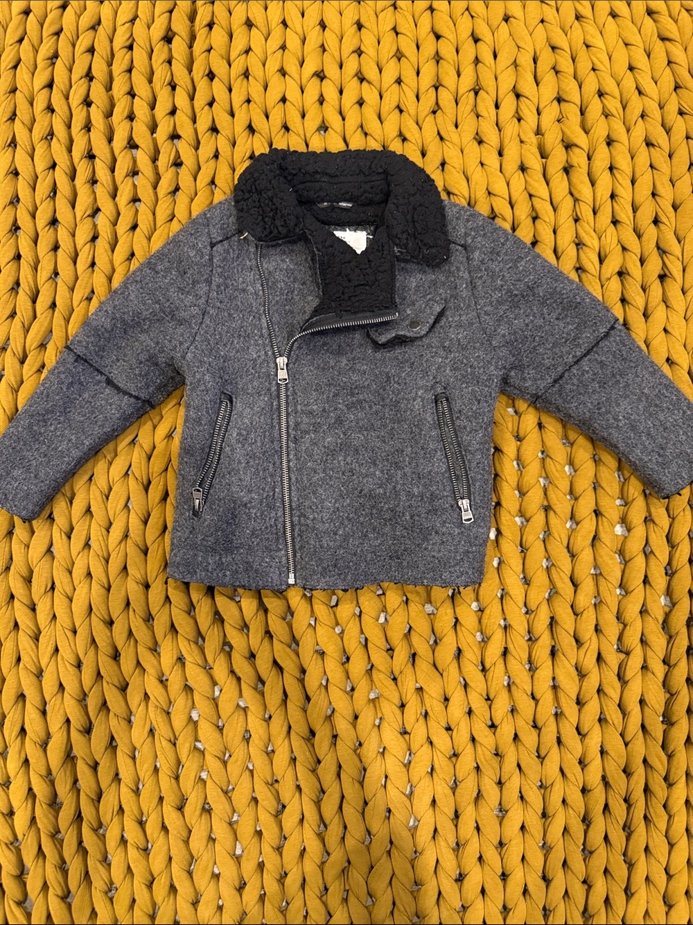 Zara Kids Grey Wool-Blend Jacket with Black Sherpa Collar